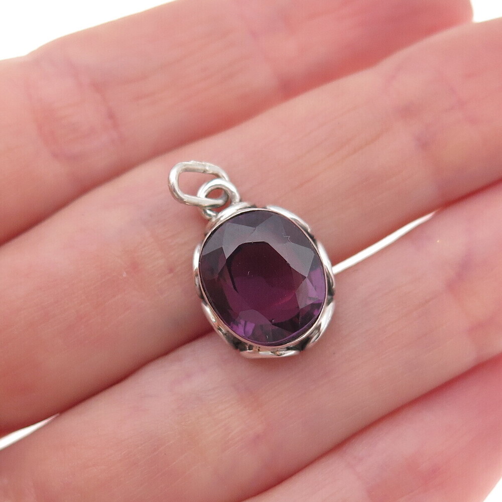 925 Sterling Silver Vintage Lab-Created Peacock Sapphire Oxidized Charm Pendant